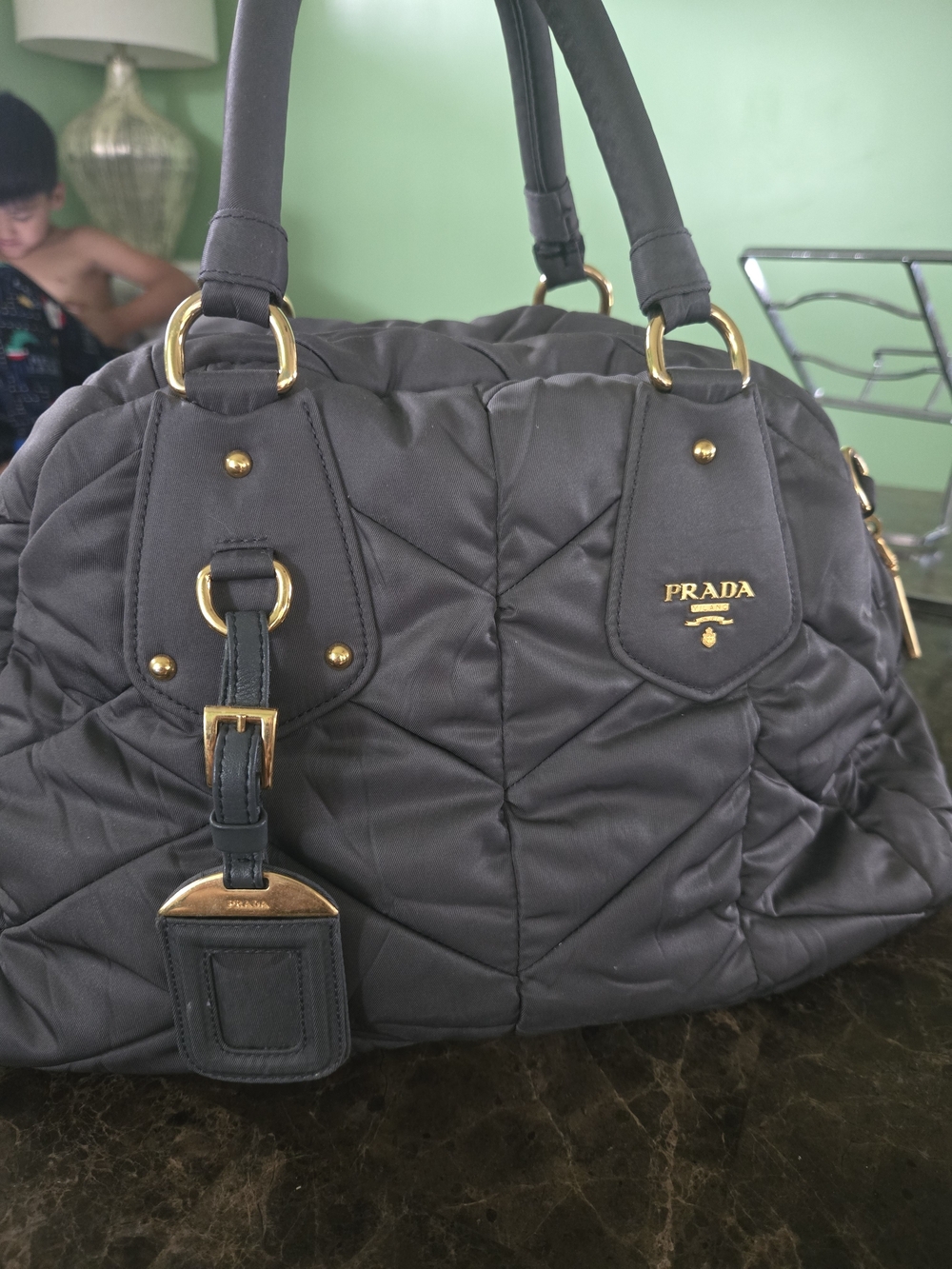PRADA Quilted Nylon Satchel Bag in Gray with Gold Hardware